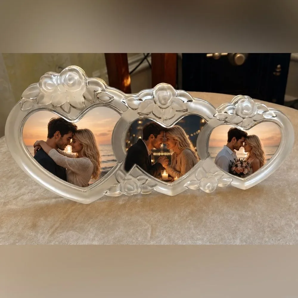 VTG Y2K Mikasa *Rosemont* COQUETTE Triple Hearts Crystal Boudoir Picture Frame